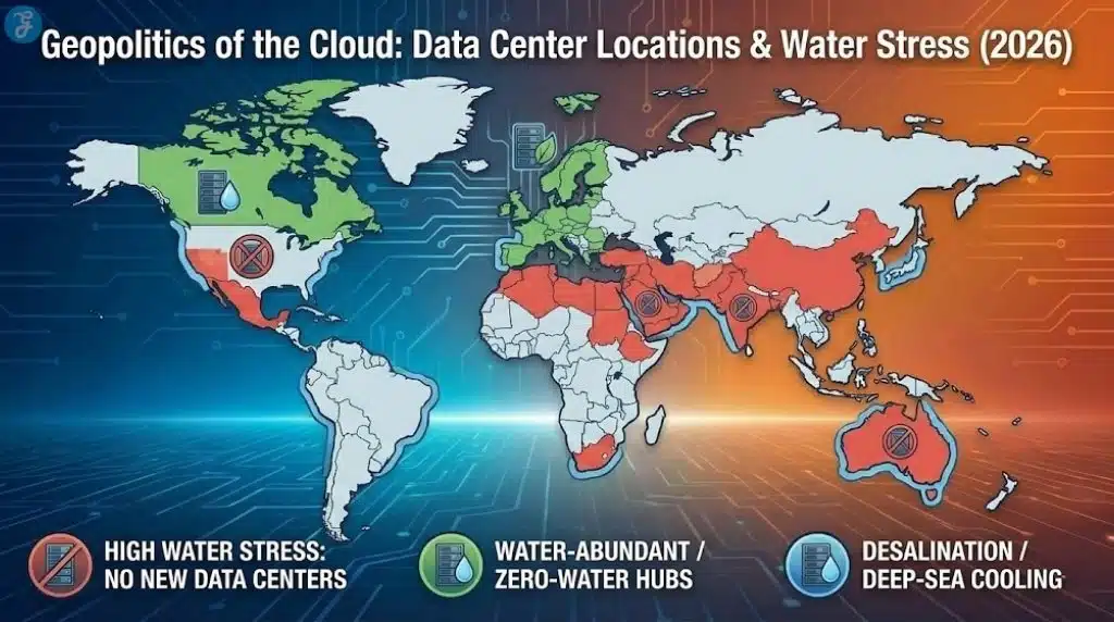 World map showing allowed data center hubs versus high water-stress "no-build" zones in 2026.