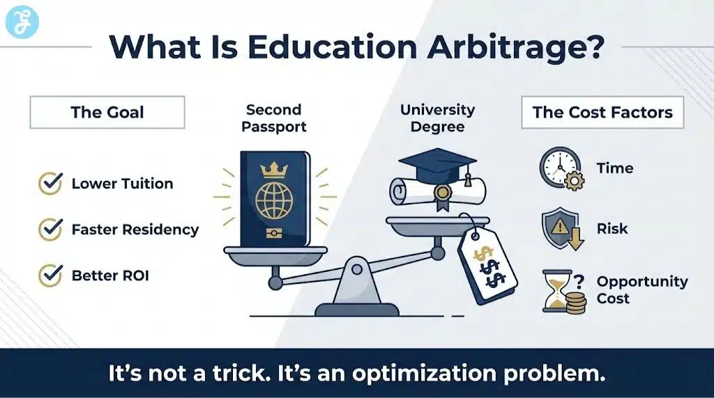 A modern infographic illustrating the balance between tuition costs and opportunity, featuring a central scale icon weighing a passport against a degree scroll.