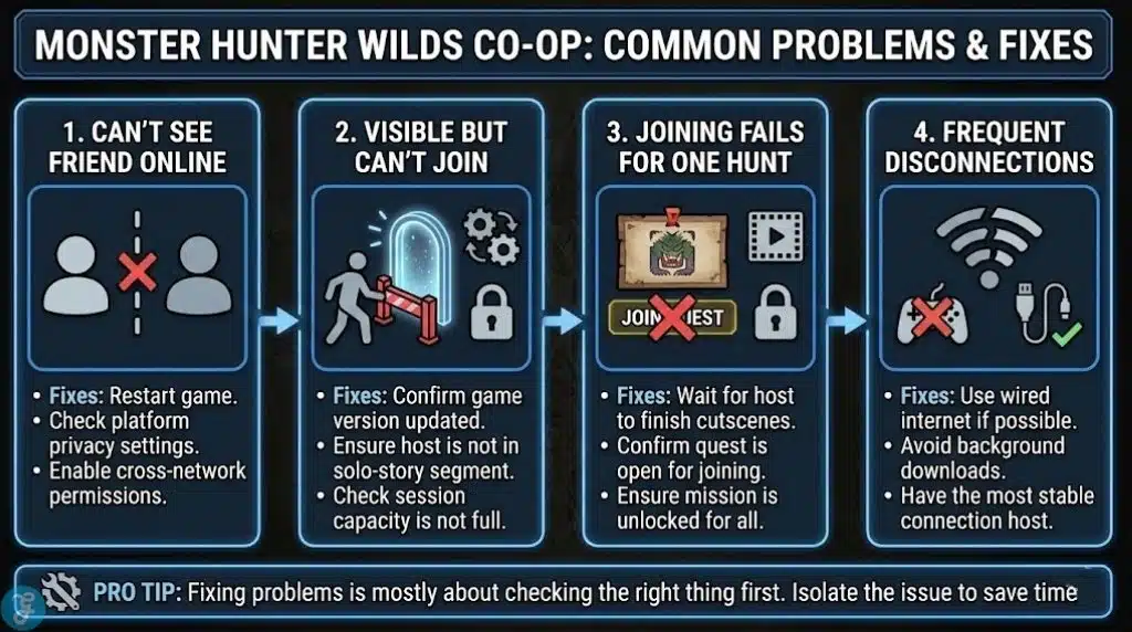 A troubleshooting guide for Monster Hunter Wilds co-op issues, categorized into four common buckets: 1) "Can't See Friend" (Fix: Restart/Check Privacy); 2) "Can't Join" (Fix: Update Version/Check Story Lock); 3) "Join Fails for One Hunt" (Fix: Wait for Cutscenes/Unlock Quest); and 4) "Frequent Disconnects" (Fix: Use Wired Connection/Stable Host).
