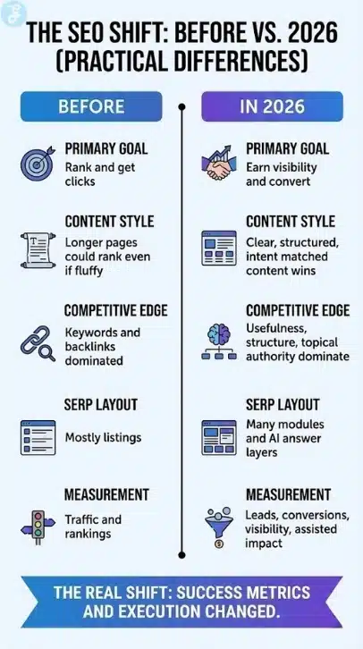 Comparison chart showing Old SEO focus on keywords and traffic versus New SEO focus on intent, usefulness, and conversions.