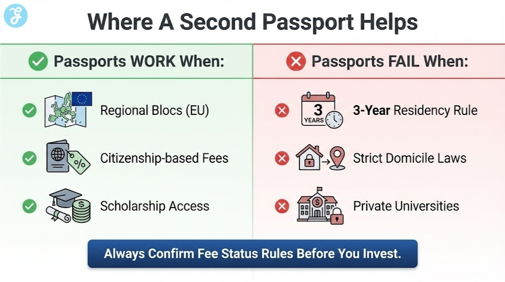 A comparison infographic split down the middle, showing where a second passport helps lower fees and where it usually does not.