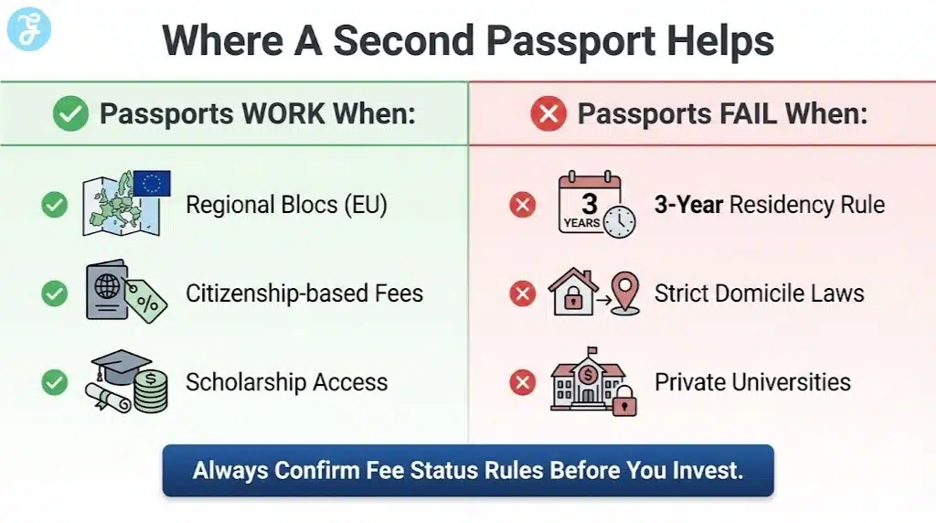 A comparison infographic split down the middle, showing where a second passport helps lower fees and where it usually does not.