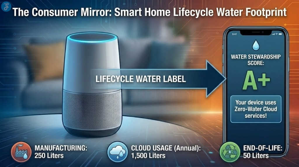 Smart speaker illustration showing a "Lifecycle Water Label" and corresponding app stewardship score.