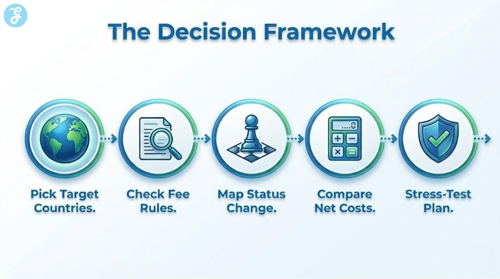A horizontal roadmap infographic showing the 5 steps to planning education arbitrage, from picking countries to stress-testing the plan.