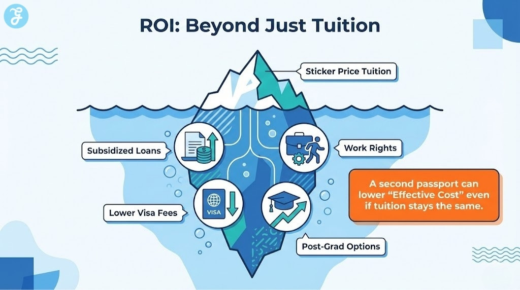 An infographic using an iceberg metaphor to show that tuition is only the visible cost, while visa fees, work rights, and loans are the hidden value below the surface.