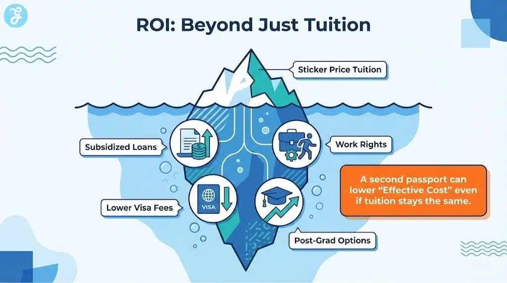 An infographic using an iceberg metaphor to show that tuition is only the visible cost, while visa fees, work rights, and loans are the hidden value below the surface.