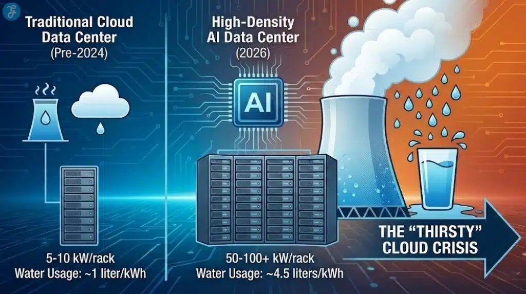 Infographic comparing high water usage of 2026 AI data centers versus older traditional models.