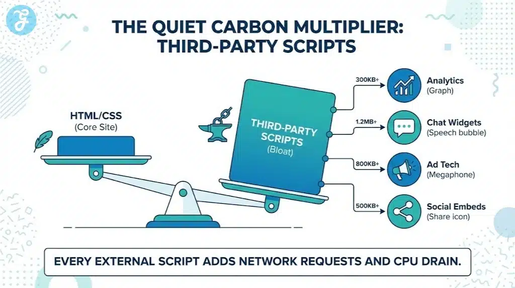 A donut chart or weight scale visualization showing how analytics, ads, and chat widgets contribute to page bloat.