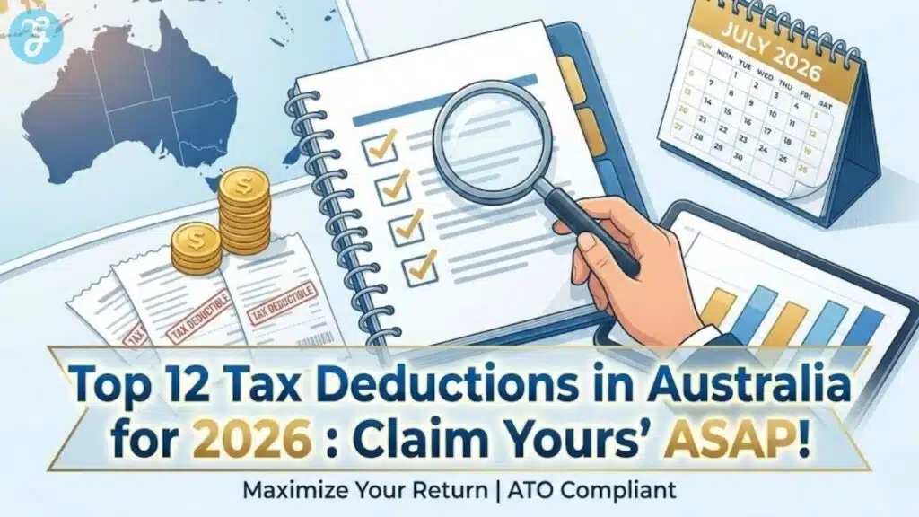 Featured image displaying the title Top 12 Tax Deductions in Australia for 2026 with Australian map and financial documents.