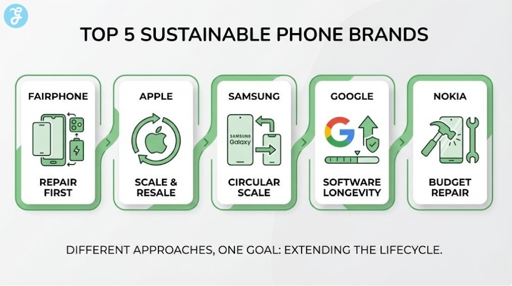 Infographic listing the top 5 sustainable smartphone brands to watch in 2026: Fairphone, Apple, Samsung, Google, and Nokia, highlighting their key strengths.