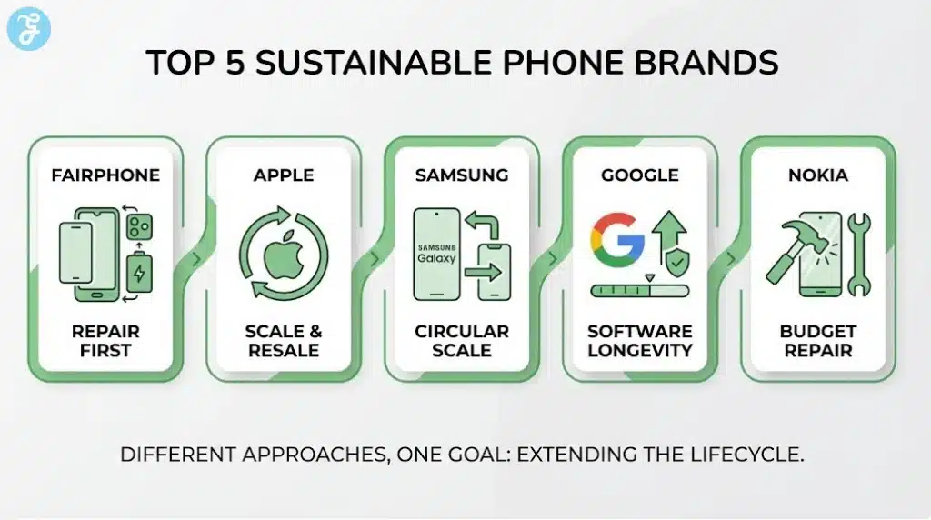 Infographic listing the top 5 sustainable smartphone brands to watch in 2026: Fairphone, Apple, Samsung, Google, and Nokia, highlighting their key strengths.