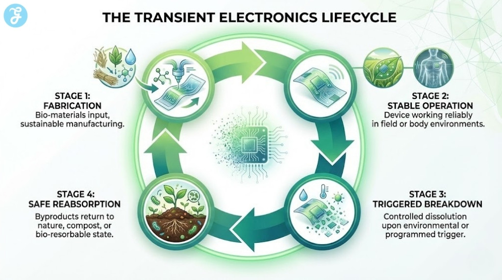Circular lifecycle infographic showing the stages of transient electronics from fabrication and operation to breakdown and reabsorption.