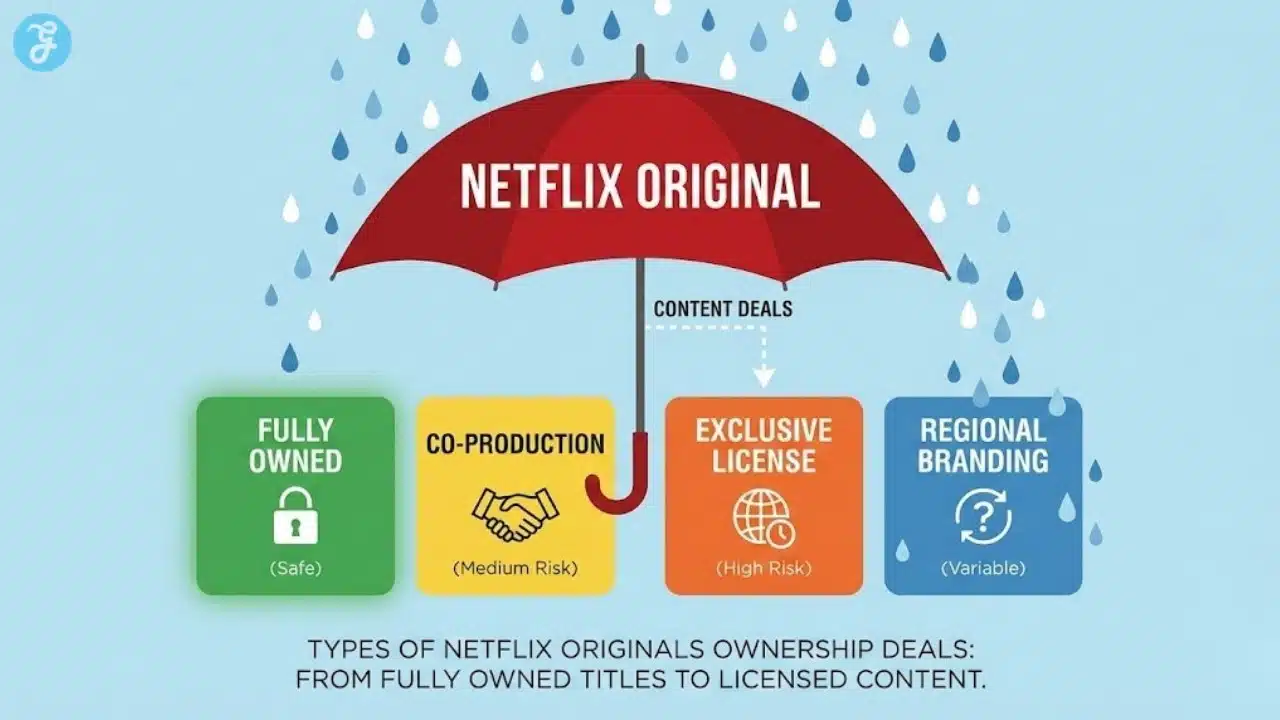 Infographic showing the four types of "Netflix Original" deals, from fully owned titles to licensed content, explaining why some are removed.