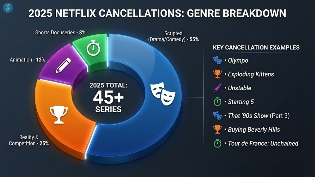 Chart showing 2025 Netflix cancellations by genre category.