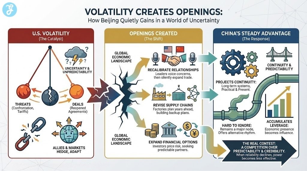 A 1280x720 infographic showing how U.S. volatility acts as a catalyst for global shifts, allowing China to gain a steady advantage by being "hard to ignore" and providing an alternative rhythm for investors and factories.
