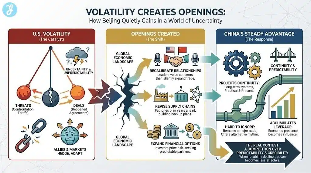 A 1280x720 infographic showing how U.S. volatility acts as a catalyst for global shifts, allowing China to gain a steady advantage by being "hard to ignore" and providing an alternative rhythm for investors and factories.