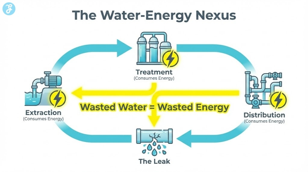 A flow diagram illustrating the link between water and energy, showing how extraction, treatment, and pumping all consume electricity, meaning water waste equals energy waste.