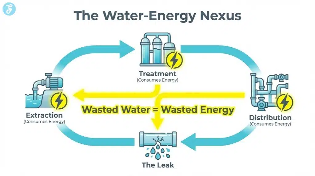 A flow diagram illustrating the link between water and energy, showing how extraction, treatment, and pumping all consume electricity, meaning water waste equals energy waste.
