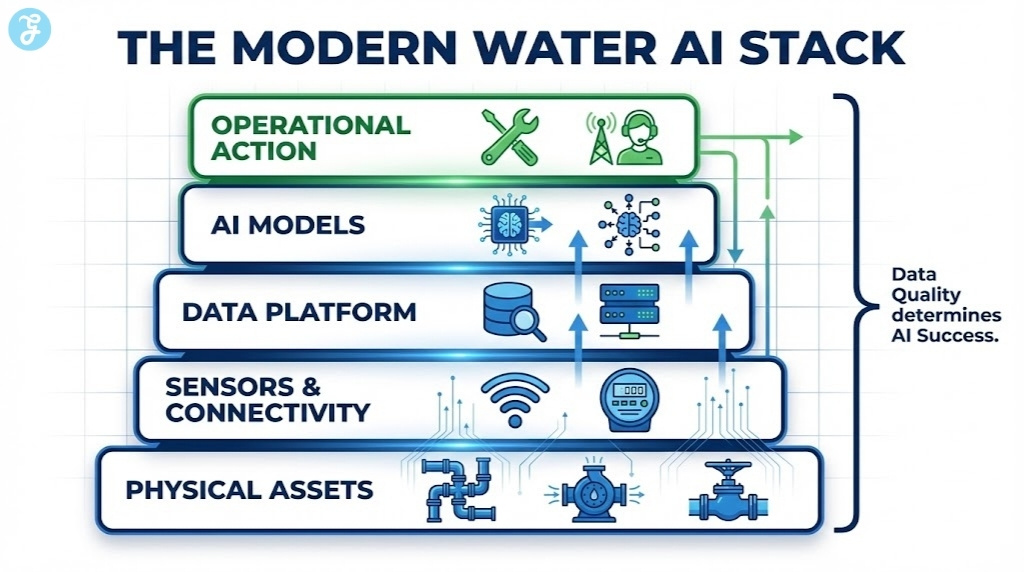 A stacked layer diagram showing the hierarchy of a successful water AI system: Sensors, Connectivity, Data Platform, Models, and Operational Action.
