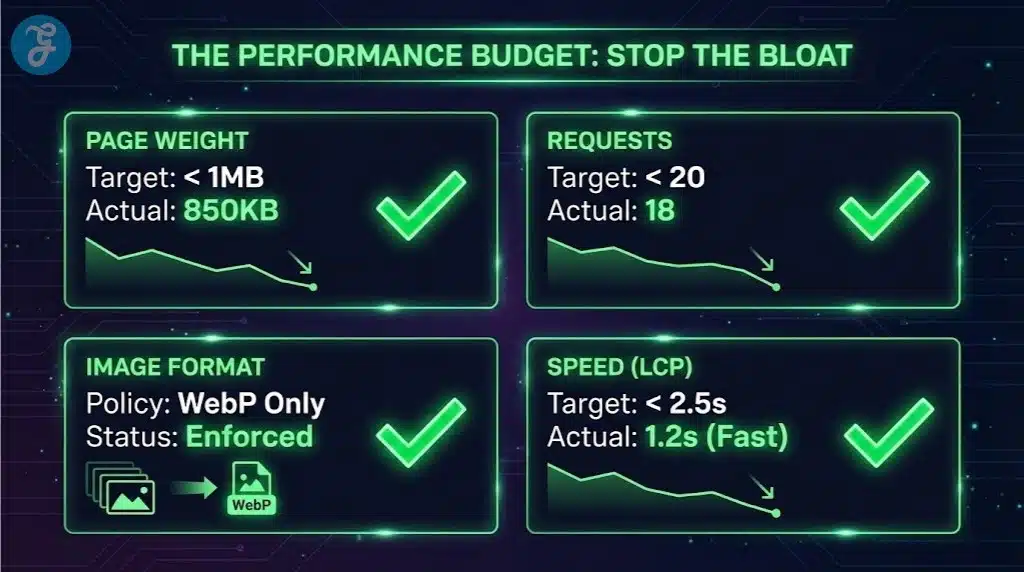 A mock dashboard view showing a website passing its performance budget metrics like Page Size, Request Count, and Speed.