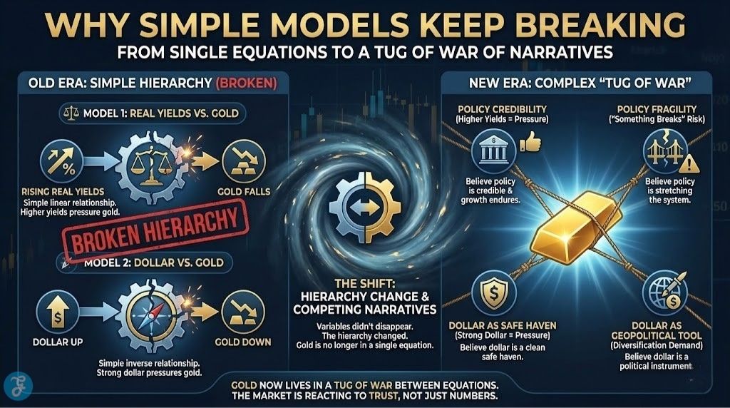 A professional 16:9 landscape infographic titled "Why Simple Models Keep Breaking." The design contrasts "Old Era: Simple Hierarchy" (linear gears) with "New Era: Complex Tug of War" (conflicting forces). It features a gold bar being pulled by ropes labeled with conflicting variables like "Dollar Strength" vs. "Geopolitical Tool," showing that the hierarchy of variables has changed.