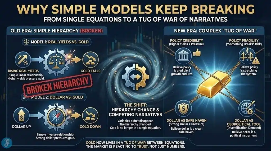 A professional 16:9 landscape infographic titled "Why Simple Models Keep Breaking." The design contrasts "Old Era: Simple Hierarchy" (linear gears) with "New Era: Complex Tug of War" (conflicting forces). It features a gold bar being pulled by ropes labeled with conflicting variables like "Dollar Strength" vs. "Geopolitical Tool," showing that the hierarchy of variables has changed.