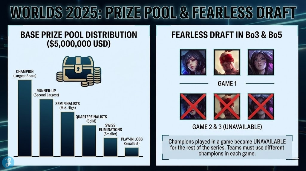 A dual-panel infographic titled "Worlds 2025: Prize Pool & Fearless Draft." The left panel, "Base Prize Pool Distribution ($5,000,000 USD)," shows a bar chart with descending shares from Champion down to Play-In Loss. The right panel, "Fearless Draft in Bo3 & Bo5," shows three champion icons (Ahri, Lee Sin, Kai'Sa) under "Game 1" and then the same icons with red X's under "Game 2 & 3 (Unavailable)," with text explaining that champions played become unavailable for the rest of the series.