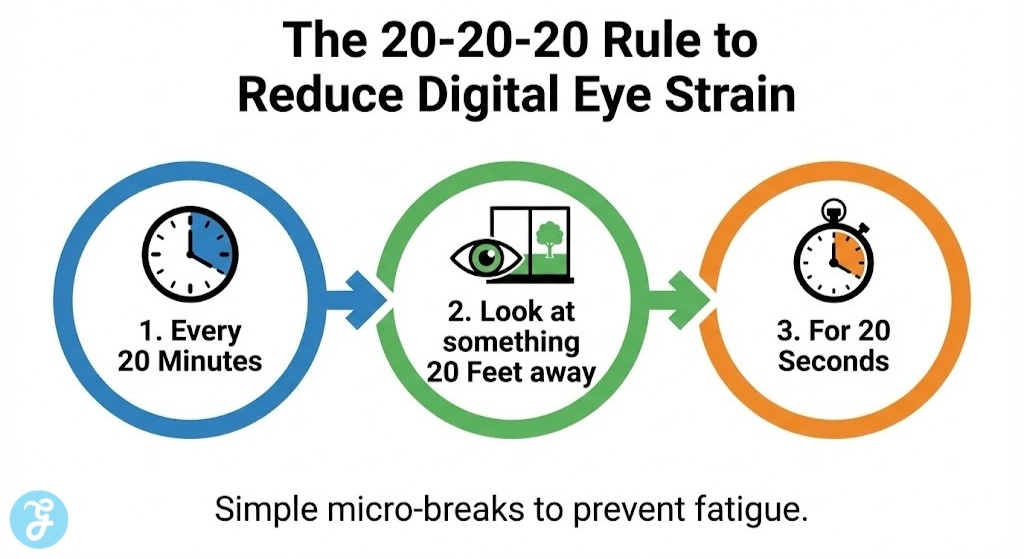 A 16:9 three-step flow diagram explaining the 20-20-20 rule: Step 1 is "Every 20 Minutes" with a clock icon; Step 2 is "Look at something 20 Feet away" with an eye icon; Step 3 is "For 20 Seconds" with a stopwatch icon.