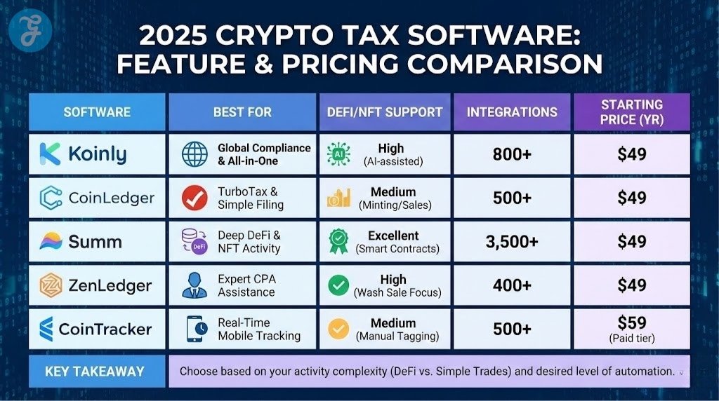 Infographic comparison table titled "2025 Crypto Tax Software: Feature & Pricing Comparison." It compares Koinly, CoinLedger, Summ, ZenLedger, and CoinTracker across four categories: Best For, DeFi/NFT Support, Integrations, and Starting Price (YR), highlighting key strengths like "Global Compliance" for Koinly and "Deep DeFi" for Summ.