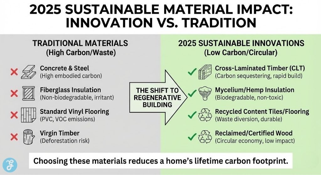 A 16:9 comparison infographic titled "2025 Sustainable Material Impact: Innovation vs. Tradition." It contrasts "Traditional Materials (High Carbon/Waste)" like concrete and fiberglass with "2025 Sustainable Innovations (Low Carbon/Circular)" like Cross-Laminated Timber and Mycelium Insulation, using checkmarks and 'X's to show the environmental advantages of the new materials.