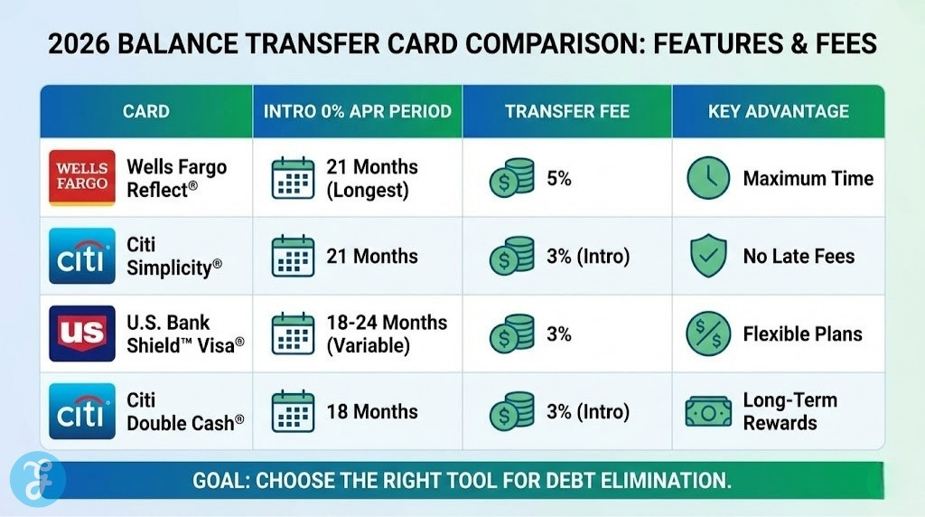 Infographic comparison table titled "2026 Balance Transfer Card Comparison: Features & Fees." It compares Wells Fargo Reflect, Citi Simplicity, U.S. Bank Shield, and Citi Double Cash across four categories: Intro 0% APR Period, Transfer Fee, and Key Advantage, highlighting features like "Maximum Time" for Wells Fargo and "No Late Fees" for Citi Simplicity.