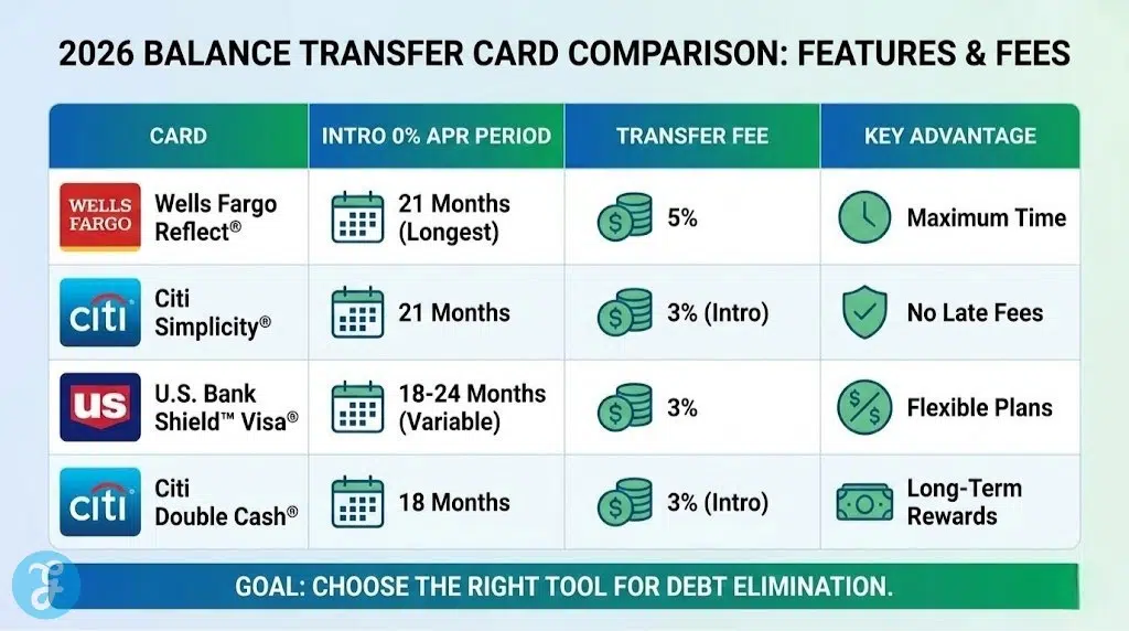 Infographic comparison table titled "2026 Balance Transfer Card Comparison: Features & Fees." It compares Wells Fargo Reflect, Citi Simplicity, U.S. Bank Shield, and Citi Double Cash across four categories: Intro 0% APR Period, Transfer Fee, and Key Advantage, highlighting features like "Maximum Time" for Wells Fargo and "No Late Fees" for Citi Simplicity.
