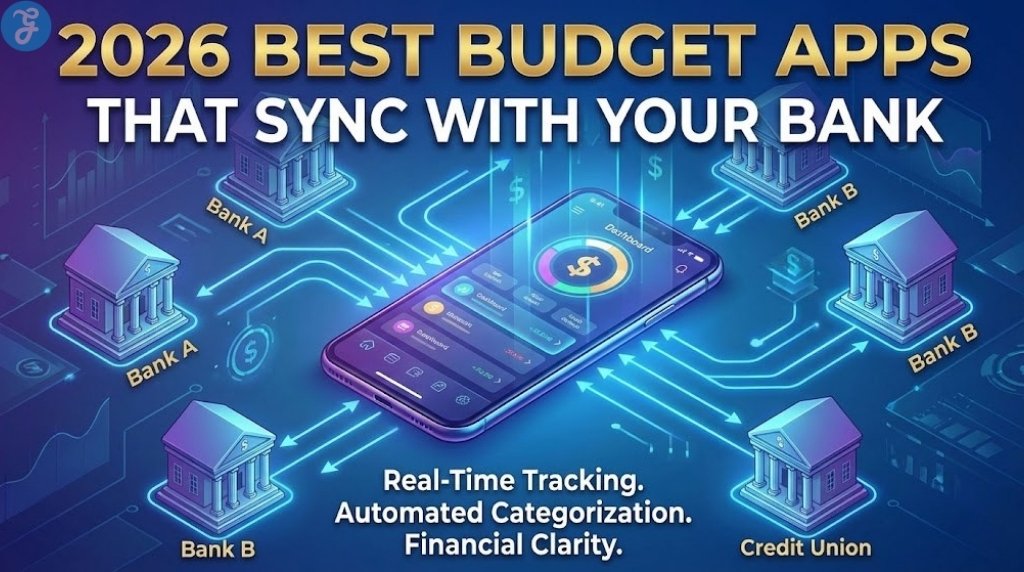 Infographic header titled '2026 Best Budget Apps That Sync With Your Bank'. It shows a central smartphone with a financial dashboard, connected by glowing lines to multiple bank buildings. Text below highlights benefits: 'Real-Time Tracking. Automated Categorization. Financial Clarity.'