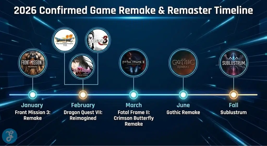 A 16:9 horizontal timeline infographic showing the release schedule for game remakes and remasters in 2026. Markers indicate releases in January (Front Mission 3), February (Dragon Quest VII, Yakuza Kiwami 3, Tales of Berseria), March (Fatal Frame II), June (Gothic), and Fall (Sublustrum).
