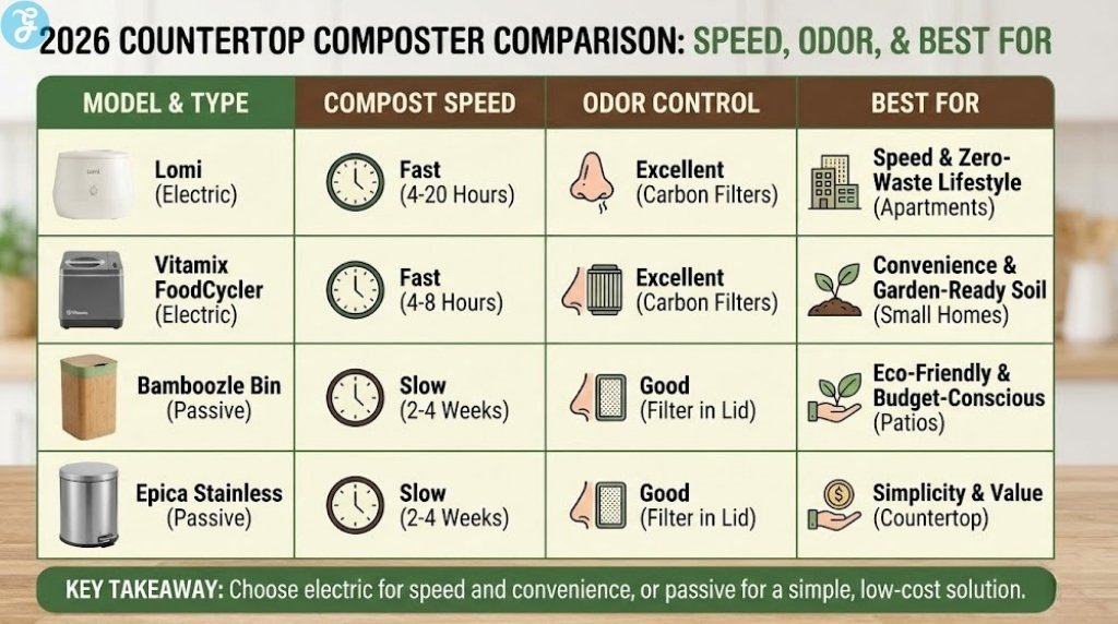 Infographic comparison table titled "2026 Countertop Composter Comparison: Speed, Odor, & Best For." It compares Lomi, Vitamix FoodCycler, Bamboozle Bin, and Epica Stainless across three categories: Compost Speed, Odor Control, and Best For, highlighting electric models for speed and passive models for budget.