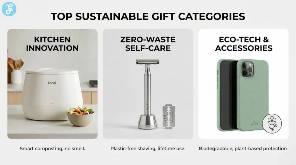 A warm, inviting banner for the 2026 Eco-Friendly Gift Guide featuring a gift wrapped in green fabric (Furoshiki style) sitting on a wooden table next to a succulent and a reusable coffee cup. Text overlays read: "Zero-Waste, Plastic-Free, Long-Lasting."