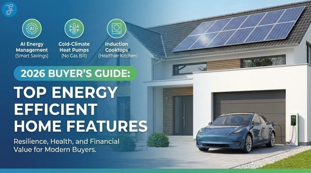 Infographic banner titled '2026 Buyer's Guide: Top Energy Efficient Home Features'. It shows a modern house with solar panels and an electric car charging. Three icons highlight AI Energy Management for smart savings, Cold-Climate Heat Pumps for no gas bills, and Induction Cooktops for a healthier kitchen.