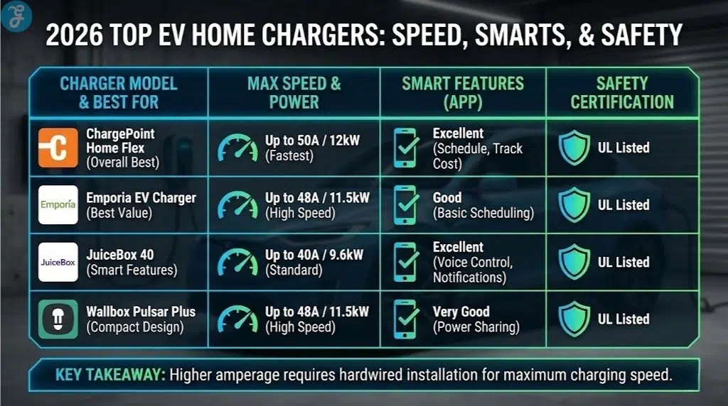 nfographic comparison table titled "2026 Top EV Home Chargers: Speed, Smarts, & Safety." It compares ChargePoint, Emporia, JuiceBox, and Wallbox across four categories: Max Speed & Power, Smart Features, and Safety Certification, highlighting ChargePoint as the "Overall Best" and Emporia for "Best Value."