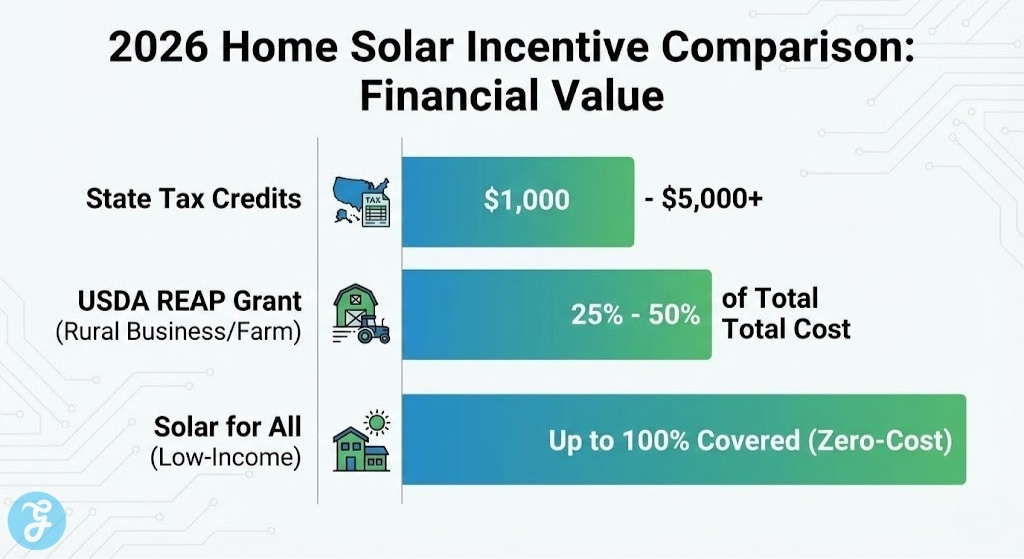 A 16:9 bar chart infographic comparing the potential financial value of three 2026 home solar incentives: State Tax Credits ($1,000 - $5,000+), USDA REAP Grant (25% - 50% of total cost), and Solar for All (Up to 100% covered).