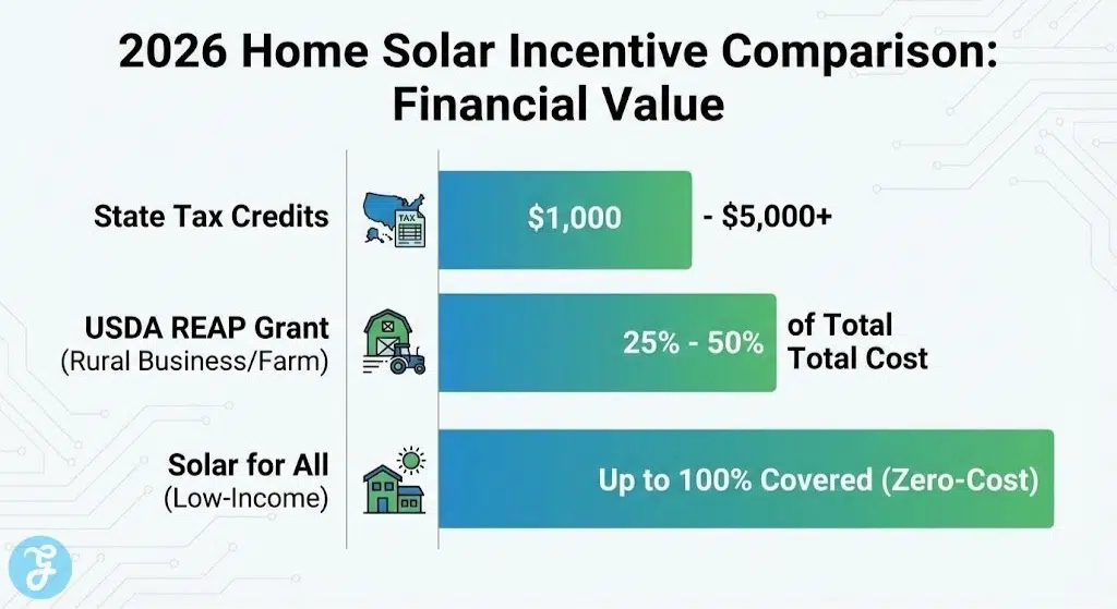 A 16:9 bar chart infographic comparing the potential financial value of three 2026 home solar incentives: State Tax Credits ($1,000 - $5,000+), USDA REAP Grant (25% - 50% of total cost), and Solar for All (Up to 100% covered).