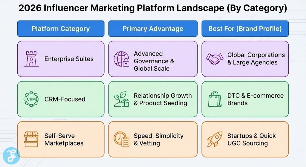 A comparison table titled '2026 Influencer Marketing Platform Landscape (By Category)', contrasting Enterprise Suites, CRM-Focused platforms, and Self-Serve Marketplaces by their primary advantage and the best brand profile for each.