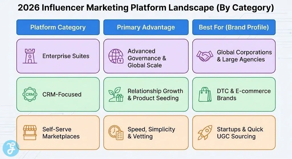A comparison table titled '2026 Influencer Marketing Platform Landscape (By Category)', contrasting Enterprise Suites, CRM-Focused platforms, and Self-Serve Marketplaces by their primary advantage and the best brand profile for each.