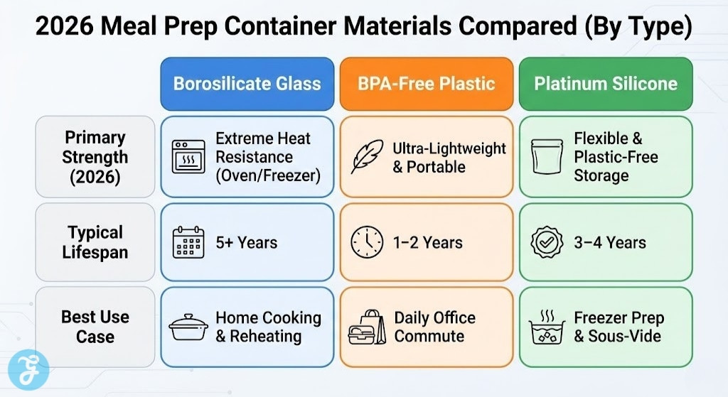 A comparison table infographic titled '2026 Meal Prep Container Materials Compared (By Type)', contrasting Borosilicate Glass, BPA-Free Plastic, and Platinum Silicone by their primary strength, typical lifespan, and best use case like Home Cooking, Daily Commute, and Freezer Prep.