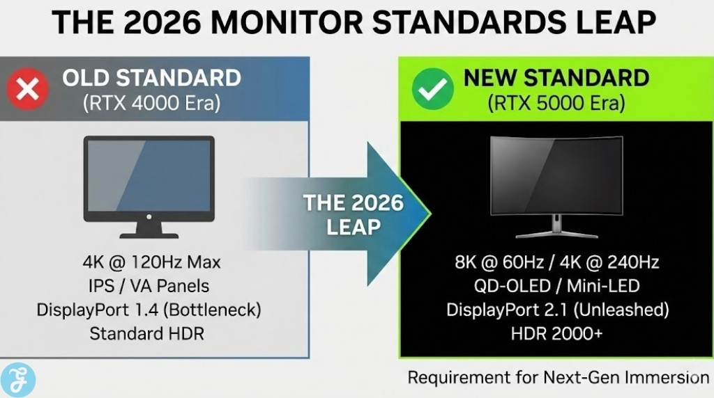 An infographic comparison chart titled 'The 2026 Monitor Standards Leap'. It contrasts the 'Old Standard (RTX 4000 Era)' featuring DisplayPort 1.4 and standard HDR against the 'New Standard (RTX 5000 Era)' which features 8K/4K 240Hz support, QD-OLED/Mini-LED panels, and DisplayPort 2.1 connectivity.