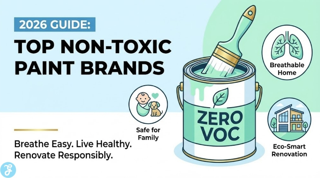 Infographic header with the title '2026 Guide: Top Non-Toxic Paint Brands'. A central paint can with a 'Zero VOC' label and paintbrush is surrounded by icons for 'Breathable Home', 'Safe for Family', and 'Eco-Smart Renovation'. Text below reads: 'Breathe Easy. Live Healthy. Renovate Responsibly.'