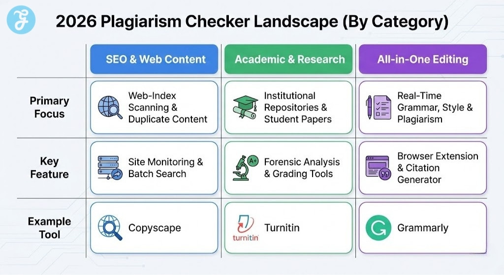 A comparison table infographic titled '2026 Plagiarism Checker Landscape (By Category)', contrasting SEO & Web Content, Academic & Research, and All-in-One Editing tools by their primary focus, key features, and example tools like Copyscape, Turnitin, and Grammarly.