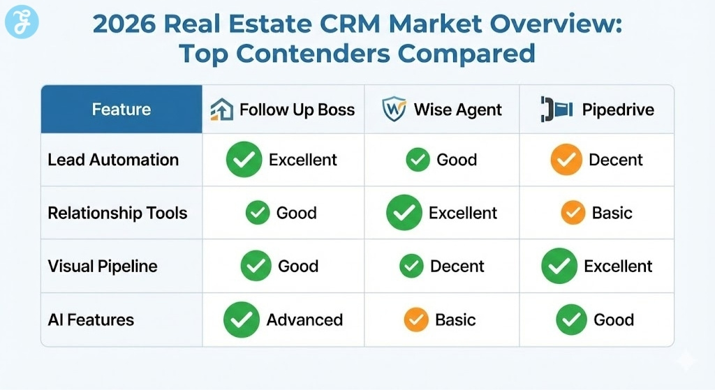 A feature comparison table for top 2026 real estate CRMs, showing how Follow Up Boss, Wise Agent, and Pipedrive compare in lead automation, relationship tools, visual pipeline, and AI features.