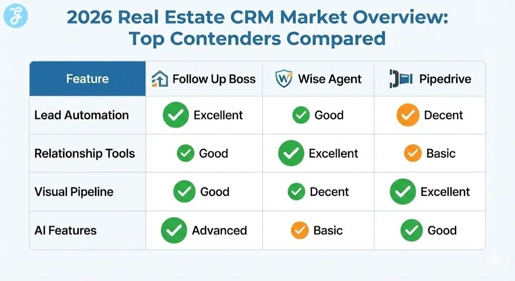 A feature comparison table for top 2026 real estate CRMs, showing how Follow Up Boss, Wise Agent, and Pipedrive compare in lead automation, relationship tools, visual pipeline, and AI features.