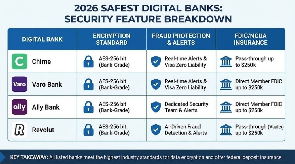 Infographic comparison table titled "2026 Safest Digital Banks: Security Feature Breakdown." It compares Chime, Varo Bank, Ally Bank, and Revolut across three key security categories: Encryption Standard, Fraud Protection & Alerts, and FDIC/NCUA Insurance, highlighting that all listed banks meet high industry standards.