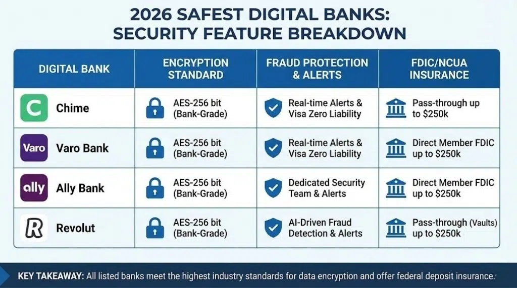 Infographic comparison table titled "2026 Safest Digital Banks: Security Feature Breakdown." It compares Chime, Varo Bank, Ally Bank, and Revolut across three key security categories: Encryption Standard, Fraud Protection & Alerts, and FDIC/NCUA Insurance, highlighting that all listed banks meet high industry standards.